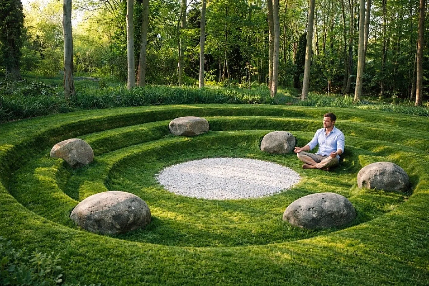 Mensch in einem kreisförmigen Rasen-Labyrinth aus Findlingen im Abendlicht