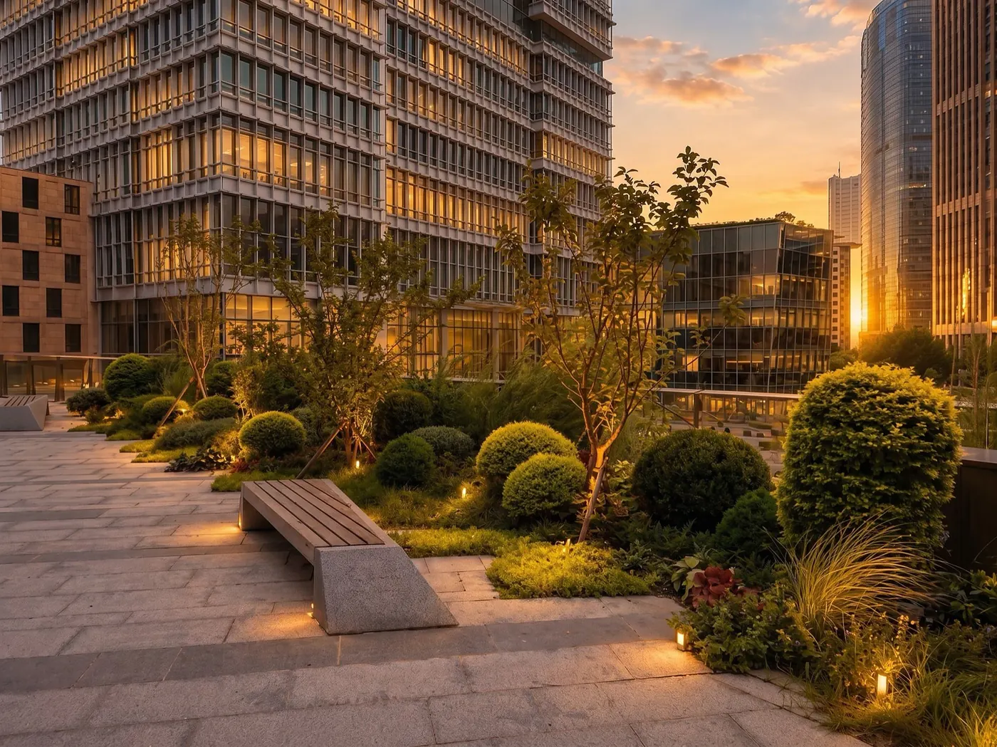 Hochwertig gestalteter, aber leerer urbaner Außenraum bei Dämmerung