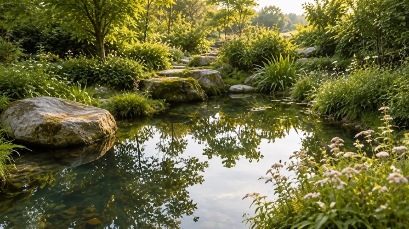 Stiller Gartenteich mit bemoosten Trittsteinen und Spiegelungen